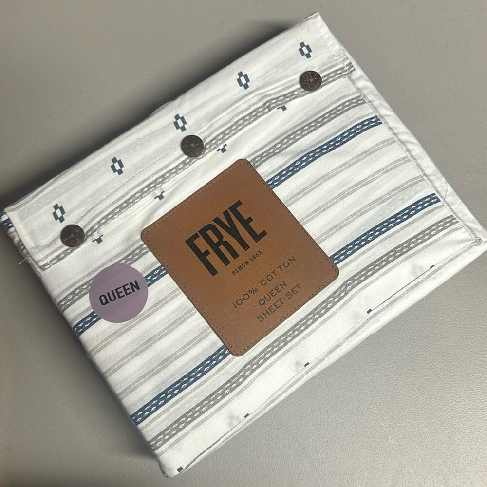 Frye Queen Sheet 4 Pc Set Flat Fitted Pillowcase Gray Blue Stripe 100% Cotton